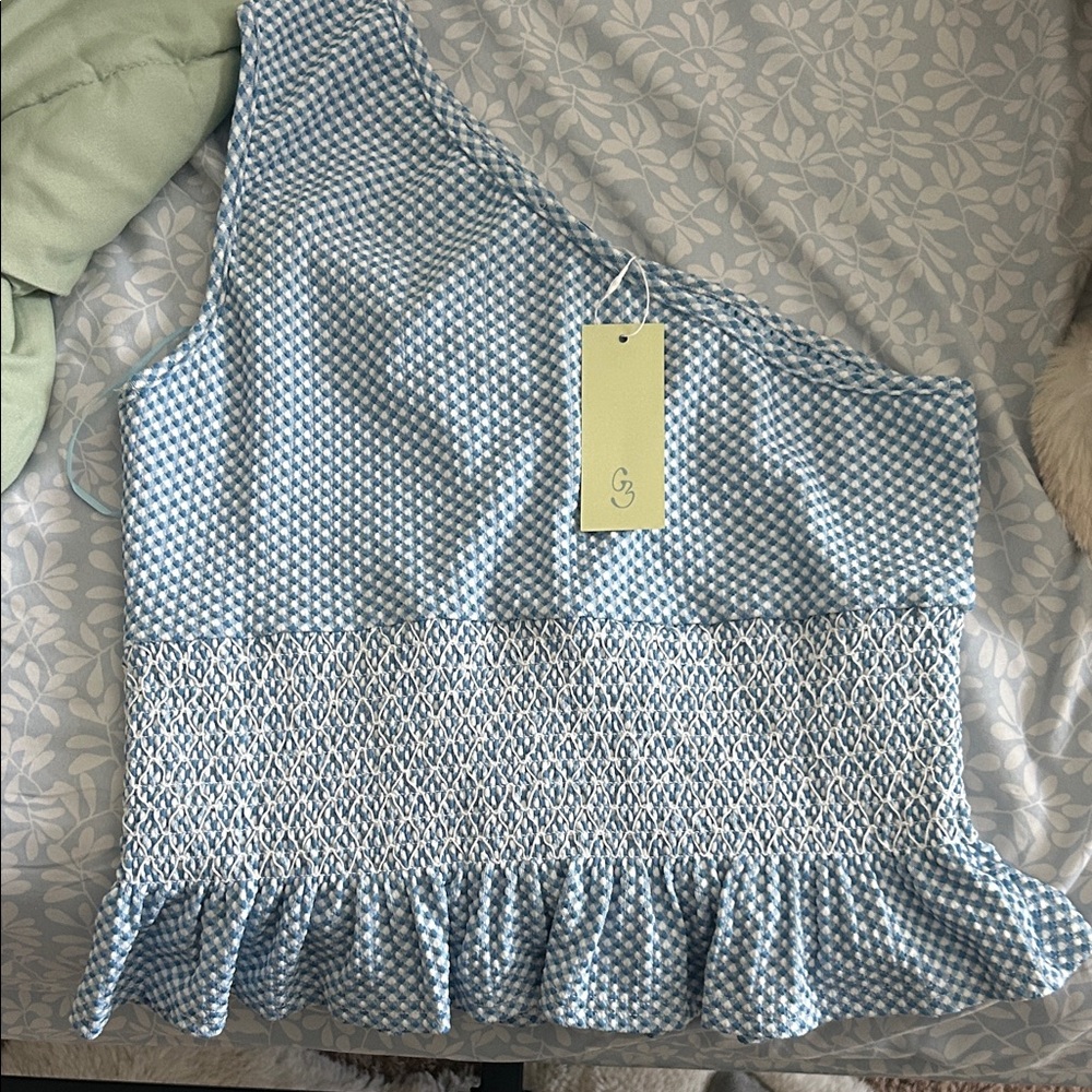 Stylish Blue Gingham One-Shoulder Top